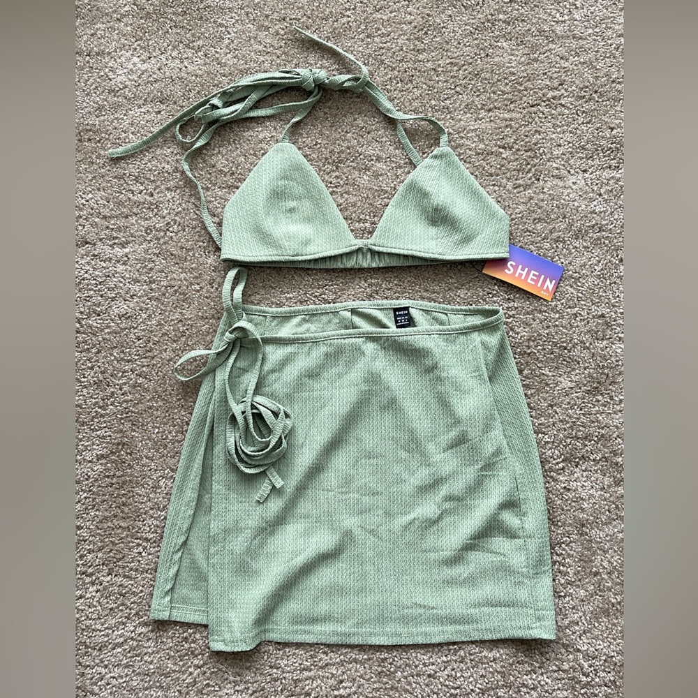 Backless halter top/wrap skirt bikini cover-up
